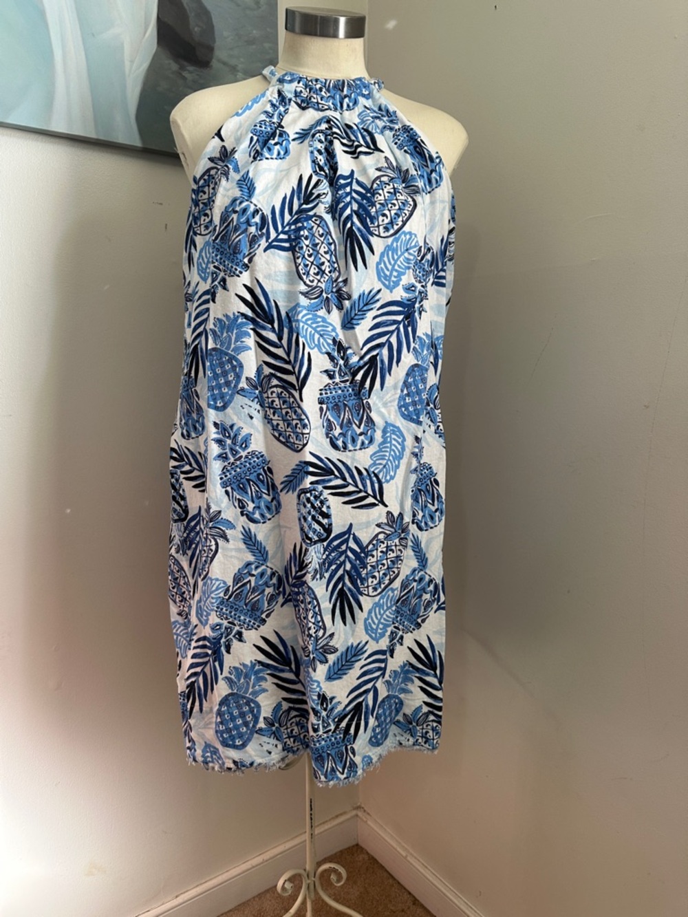 Charlie Paige Blue & White Pineapple Halter dress